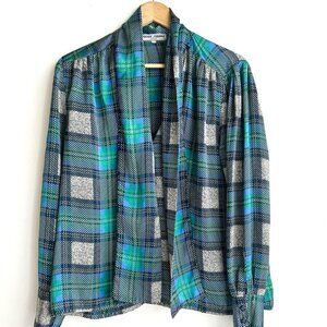 Vintage Pierre Segade  France Blue Green Plaid Neck Bop Long Sleeve Blpouse M/L